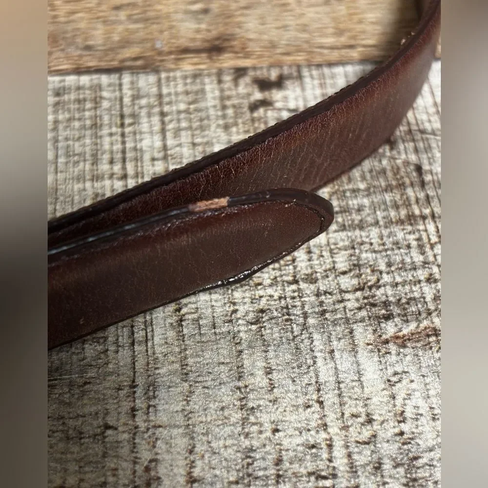VTG Fossil Belt Womens Large Brown Leather 2-Tone Silver Brass Buckle Band